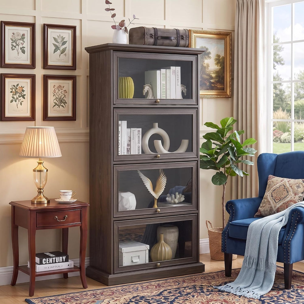 Tall Bookcase with Glass Doors, 63" H Farmhouse Glass Curio Display Cabi...