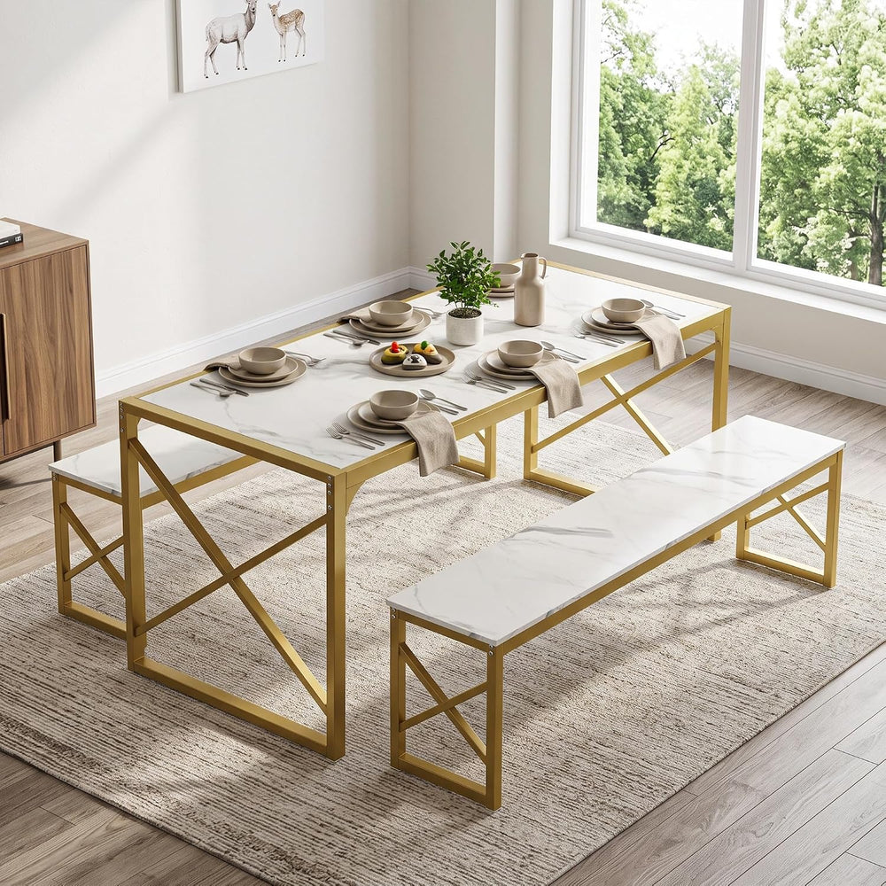 VECELO 55” Kitchen Dining Table Set for 4, Heavy-Duty Steel Frame & Wood-...