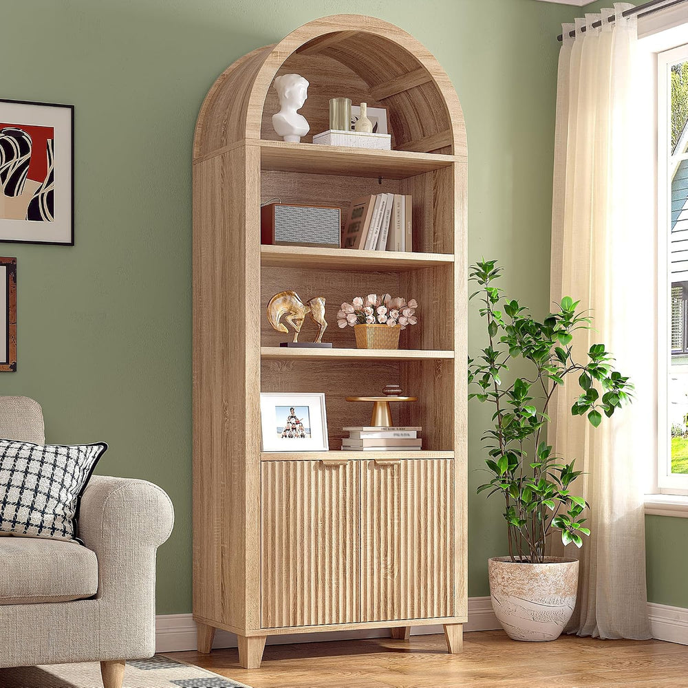 DurayLoly Arched Cabinet, 6-Tier Storage Shelves, Light Oak