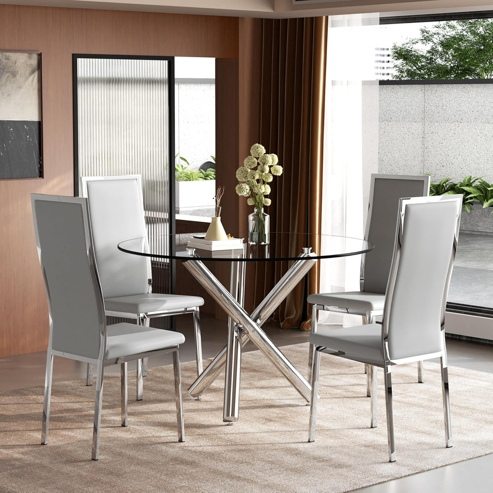 5-Piece Luxury Round Glass Dining Table Set, 39'' Modern Tempered Gla...