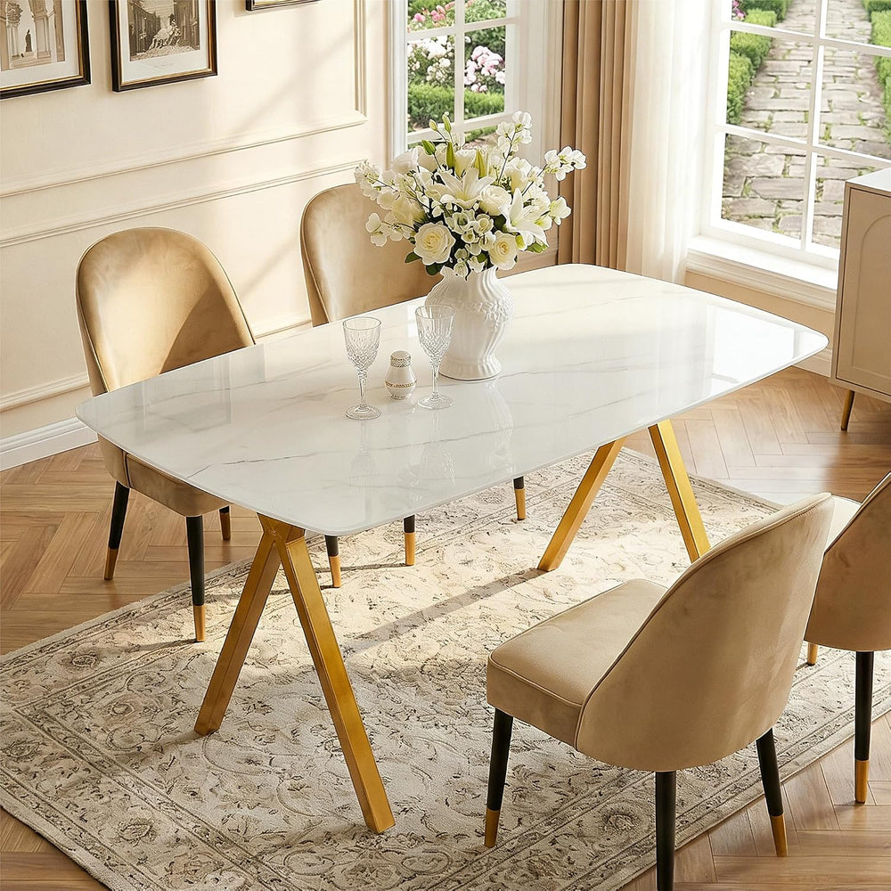 Meihua 51.2'' Dining Table with White Marble Pattern Tempered Glass T...