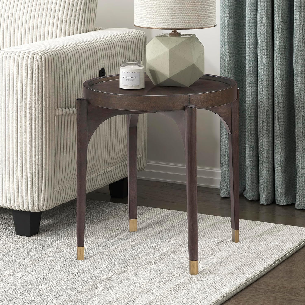 Lexicon Wood Round End Table with Gold Metal Cap, 36" Dia. Mid Century M...