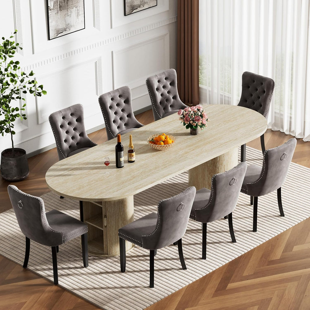 63"-94" Large Oval Extendable Dining Table for 6 8 10, Faux Travert...