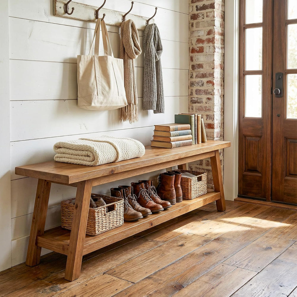 Solid Wood Entryway Bench with Shoe Storage Shelf, 62.99" Long Rustic Ha...