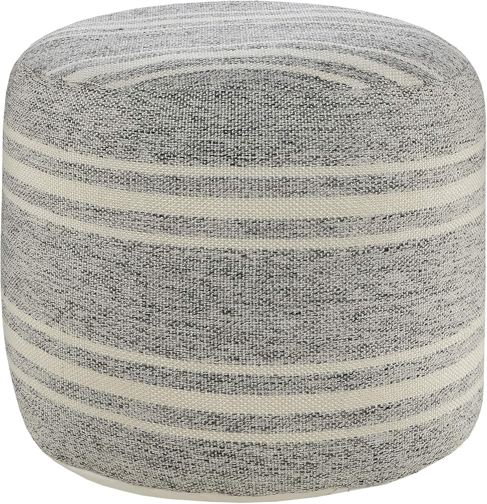 LR Home Ox Bay Farmhouse Triple Stripe Indoor Outdoor Pouf, Gray/White, 18&qu...