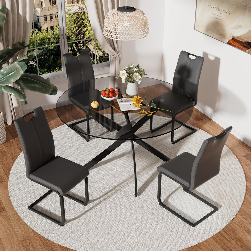 RGZ 5 Pieces Modern Round Kitchen Set, Clear Grey Circle Glass Dining Table w...