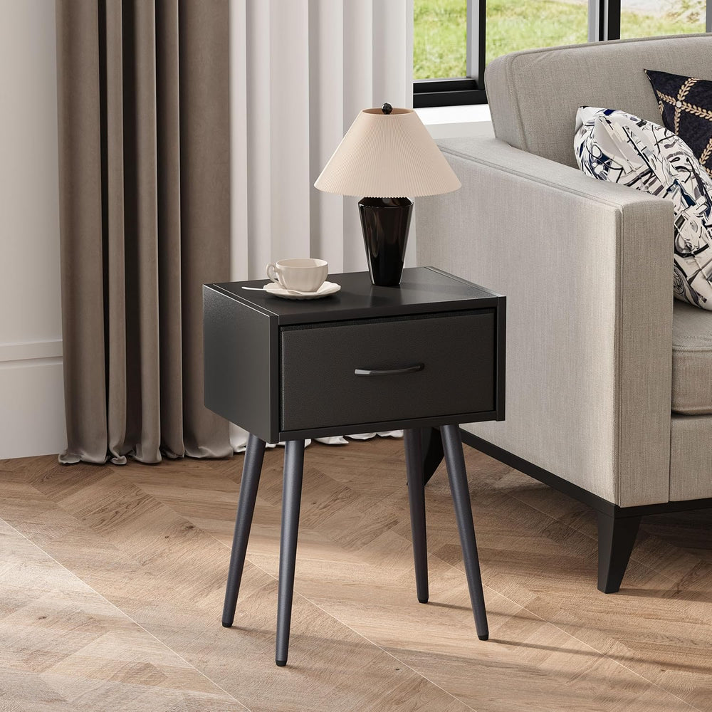 Small Black Nightstands Set of 2, Bedside Table with Fabric Drawer, Modern En...