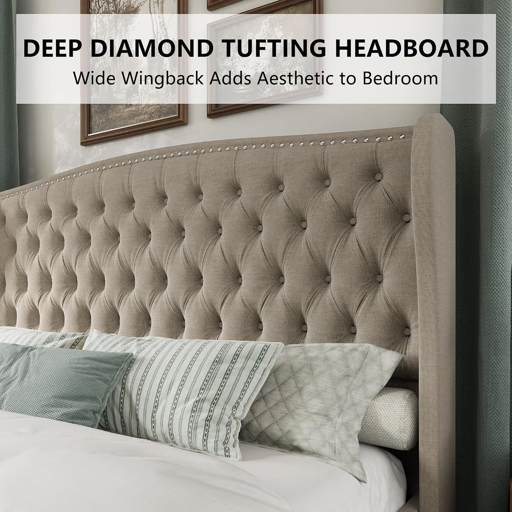AMERLIFE King Size Bed Frame with Velvet Upholstered Wingback Headboard