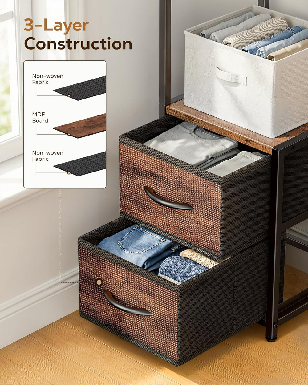 Housolution 6 Tier Corner Shelf Stand with Storage and Fabric Drawers,Brown