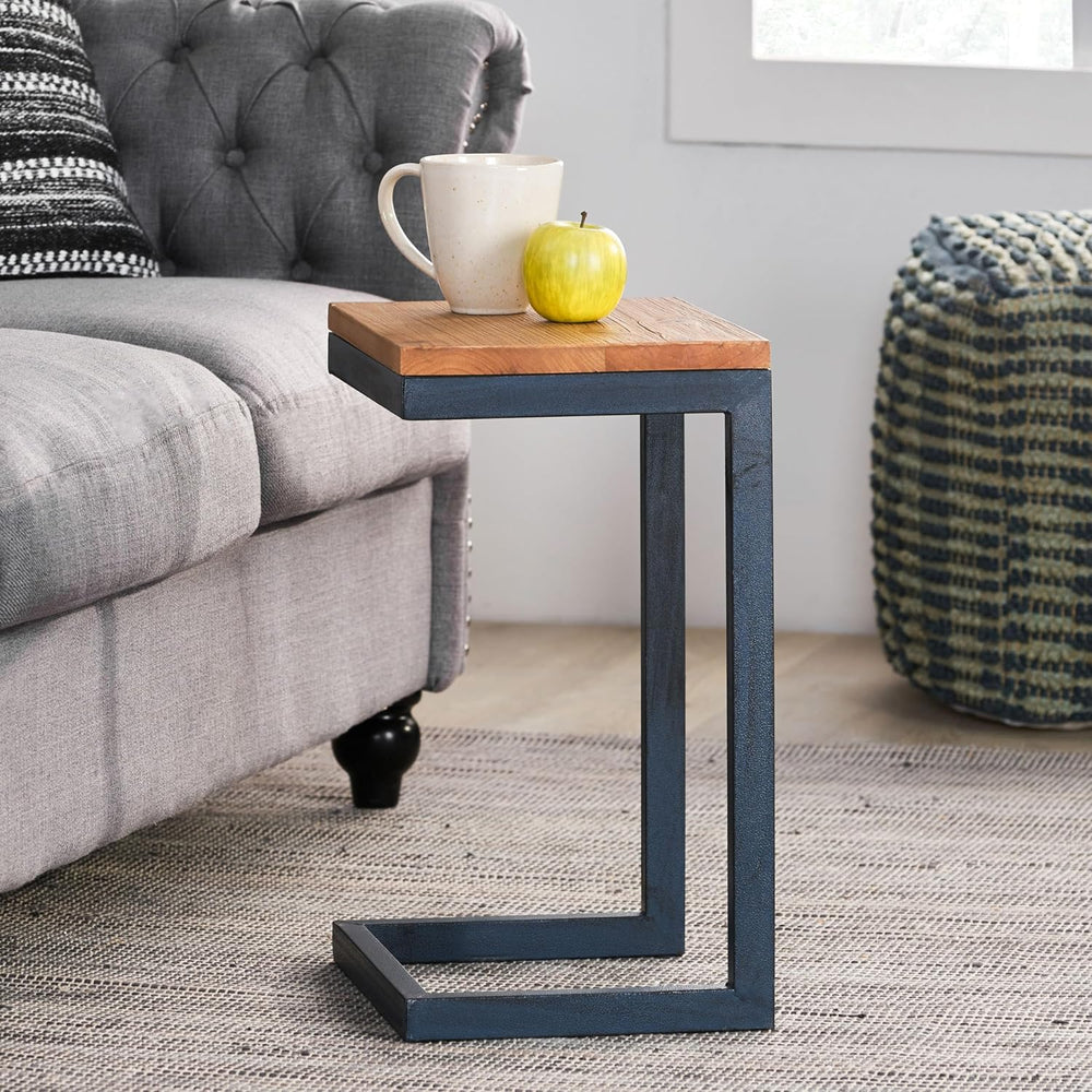 C-Shaped Side Table with Natural Wood Top and Metal Frame, Rectangular, for L...