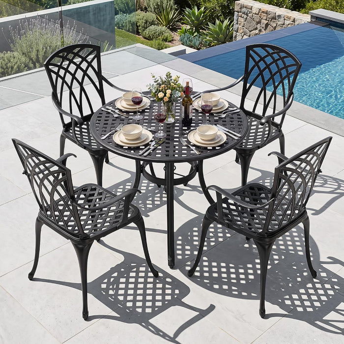 NUU GARDEN 5-Piece Outdoor Dining Set, 33" Cast Aluminum Dining Table with Umbrella Hole and 4 Cast Aluminum Chairs, Patio Table and Chair Set, Patio Dining Set for Poolside Deck Yard Balcony, Black