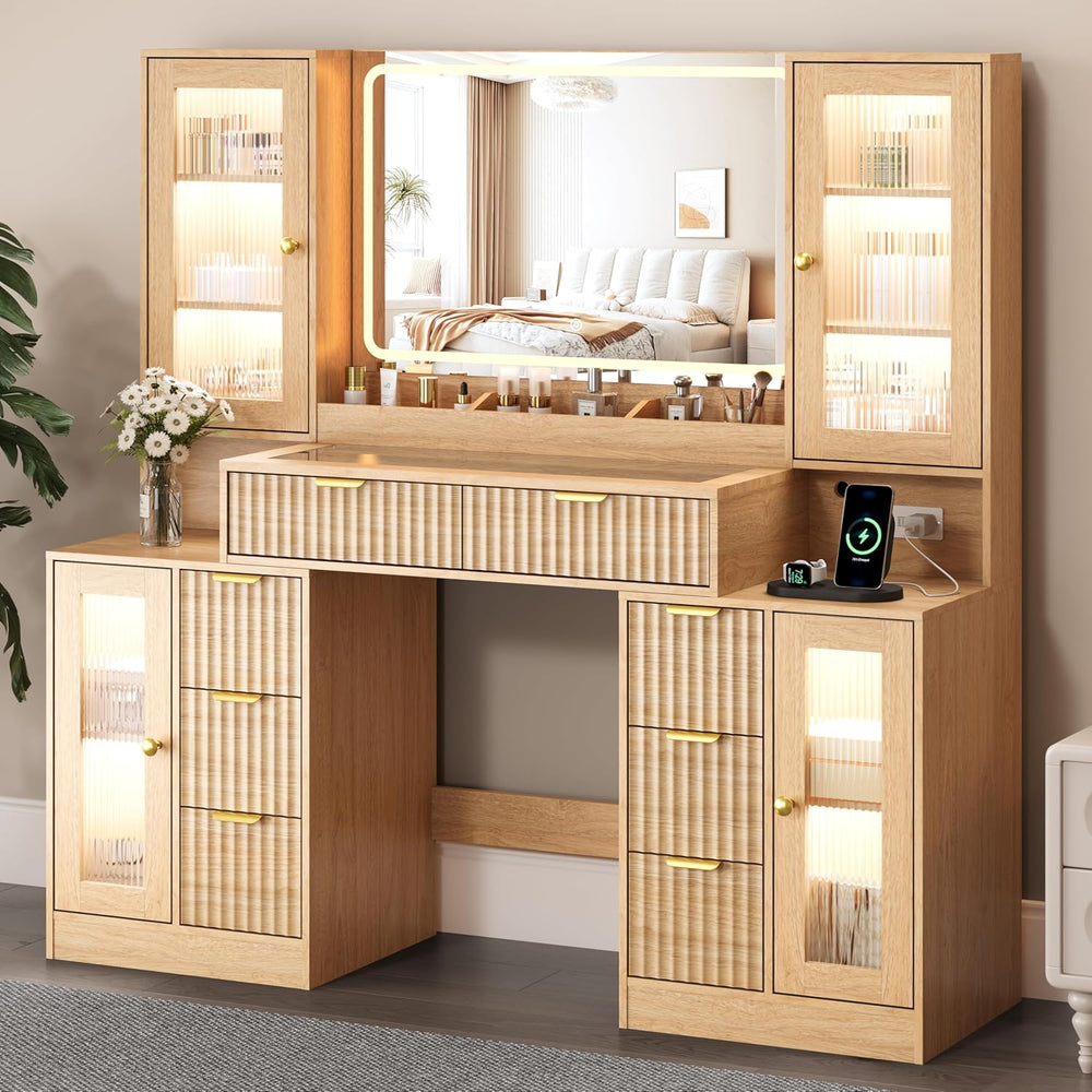 55" Vanity Desk with Mirror & Lights, Fluted Makeup Vanity with 8 Dr...