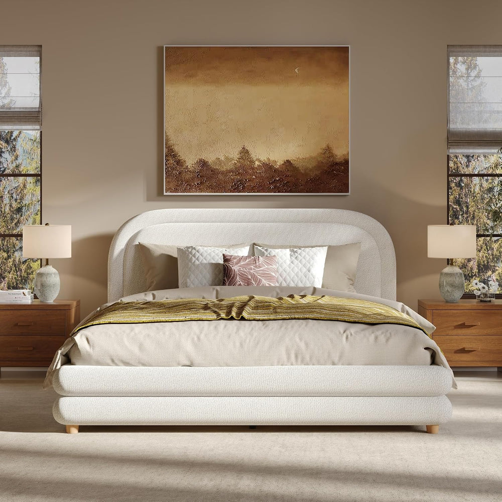 Peanu Queen Bed Frame, Boucle Upholstered Curved Headboard, White