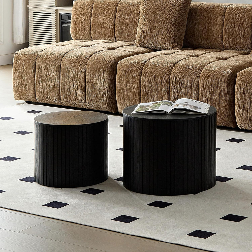 Round Nesting Coffee Table Set of 2, Wood Side Tables with Storage | Fluted W...