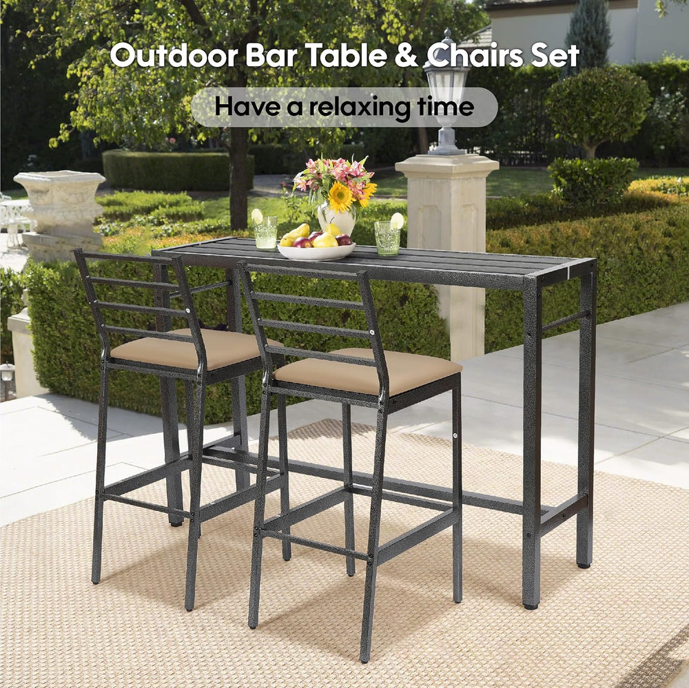 3Pcs Outdoor Patio Bar Set with Cover, 55" Rectangular Pub Height High T...