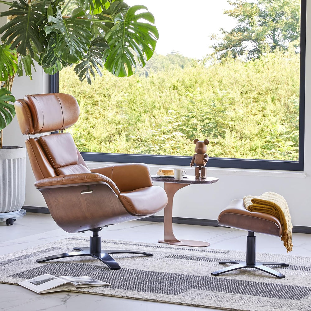 CHITA Genuine Leather Reclining Swivel Accent Chair with Ottoman, Saddle