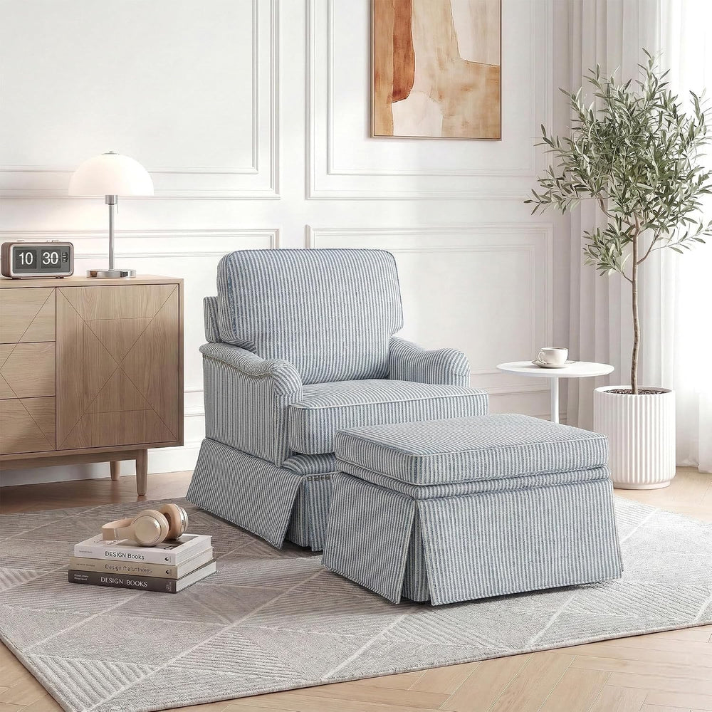 Swivel Accent Chair with Ottoman, Pinstripe Blue