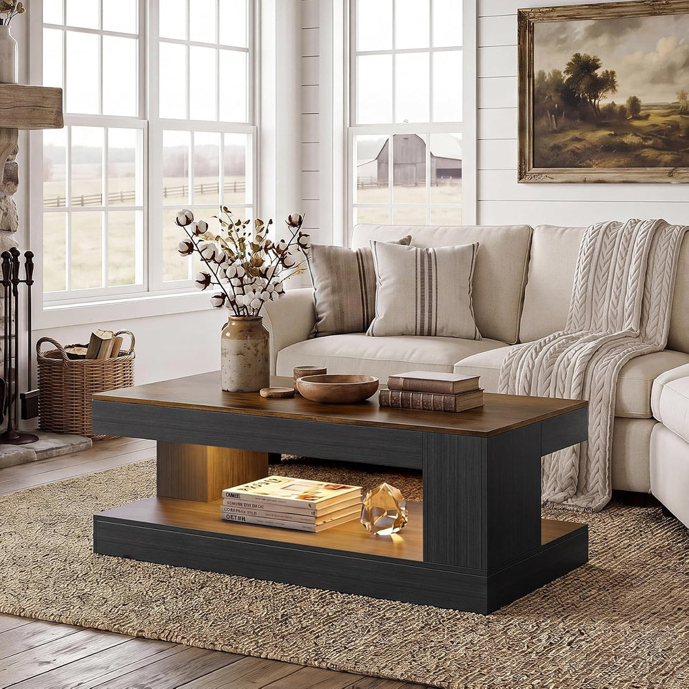 Miereirl Farmhouse Coffee Table with Storage Shelf, 2-Tier Wood Rustic Center...