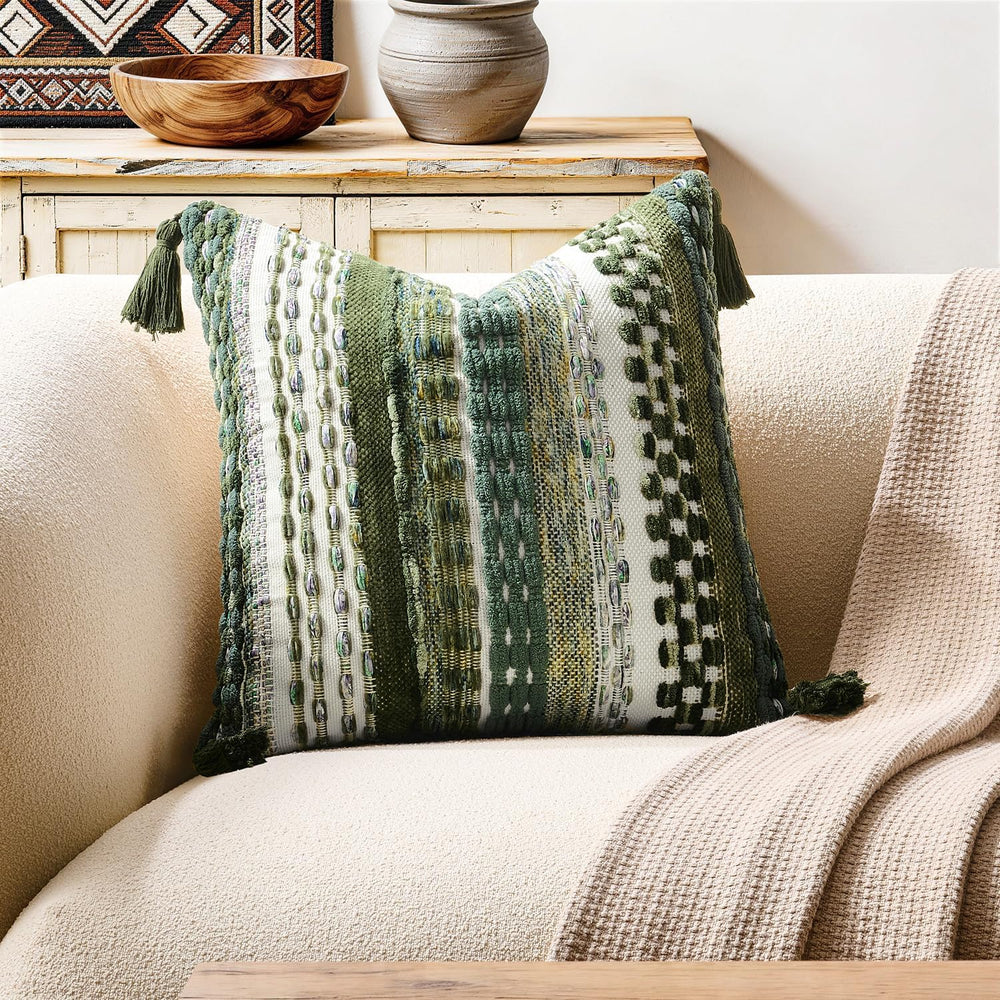Kevin Textile Boho Tufted 18x18 Inch Pillow Cover 1 Pack, Green