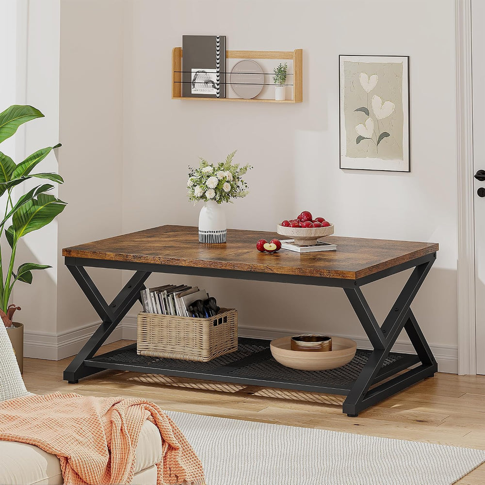 EnHomee Coffee Table with Storage & Shelf for Living Room, Rustic Brown