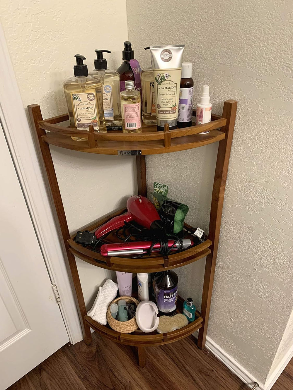 Teak Corner Shower Shelf, 3 Tier, 14Wx14Lx39.5H inches, Fully Assembled, The OM