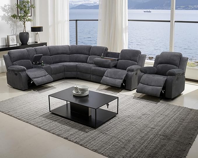 Manual Recliner Sectional Sofa Set, Corduroy L-Shaped Living Room Furniture S...
