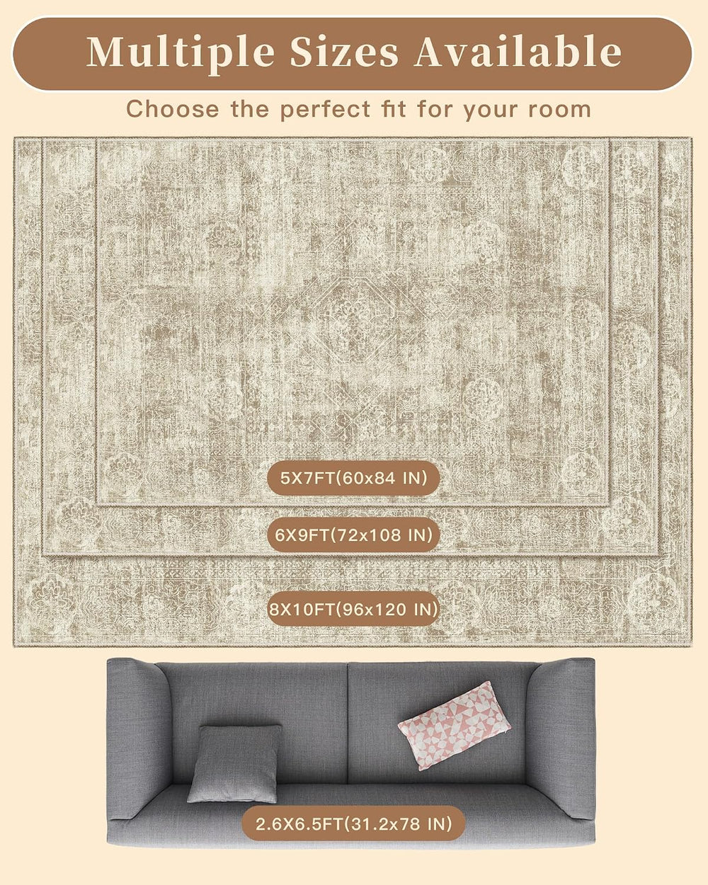 Madane 6x9 Area Rugs for Living Room, Washable Vintage Beige Rug