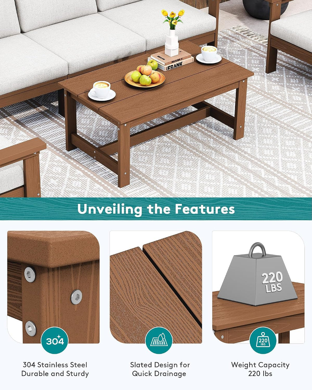 SERWALL HDPE Patio Coffee Table, Rectangle Outdoor Coffee Table, All-Weather ...