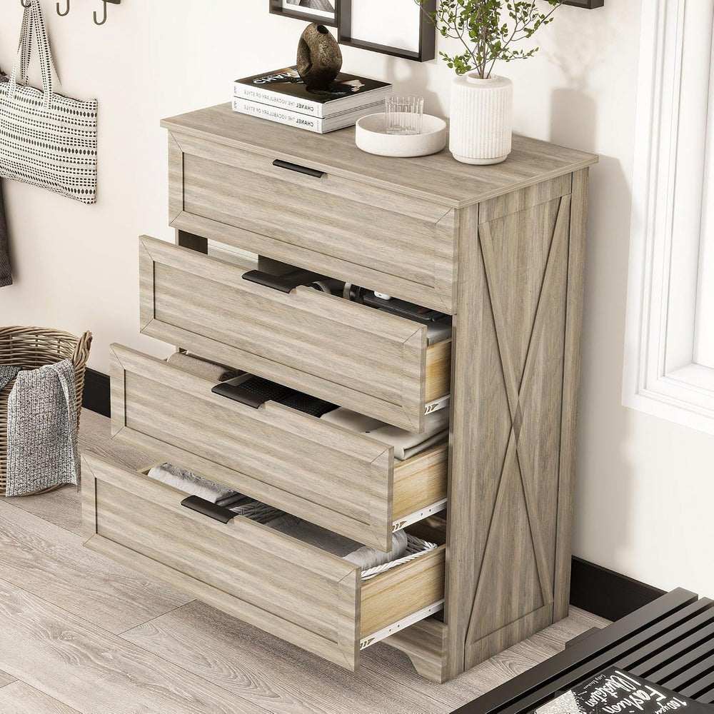 Farmhouse 4 Drawer Dresser for Bedroom, Tall Bedroom Dresser, Rustic Gray