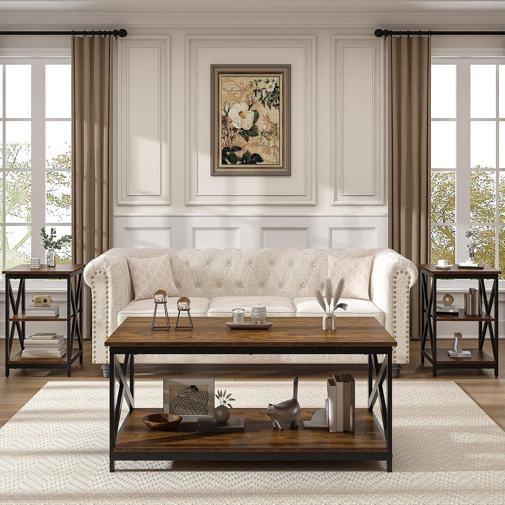 Bigbiglife Living Room Coffee Table Set of 3, Industrial X-Design Coffee Tabl...