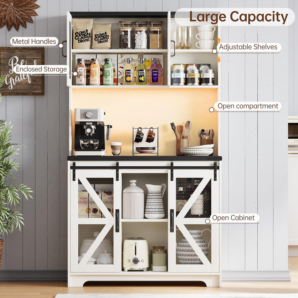 71" Tall Farmhouse Pantry Storage Cabinet With LED Lights and Charging S...