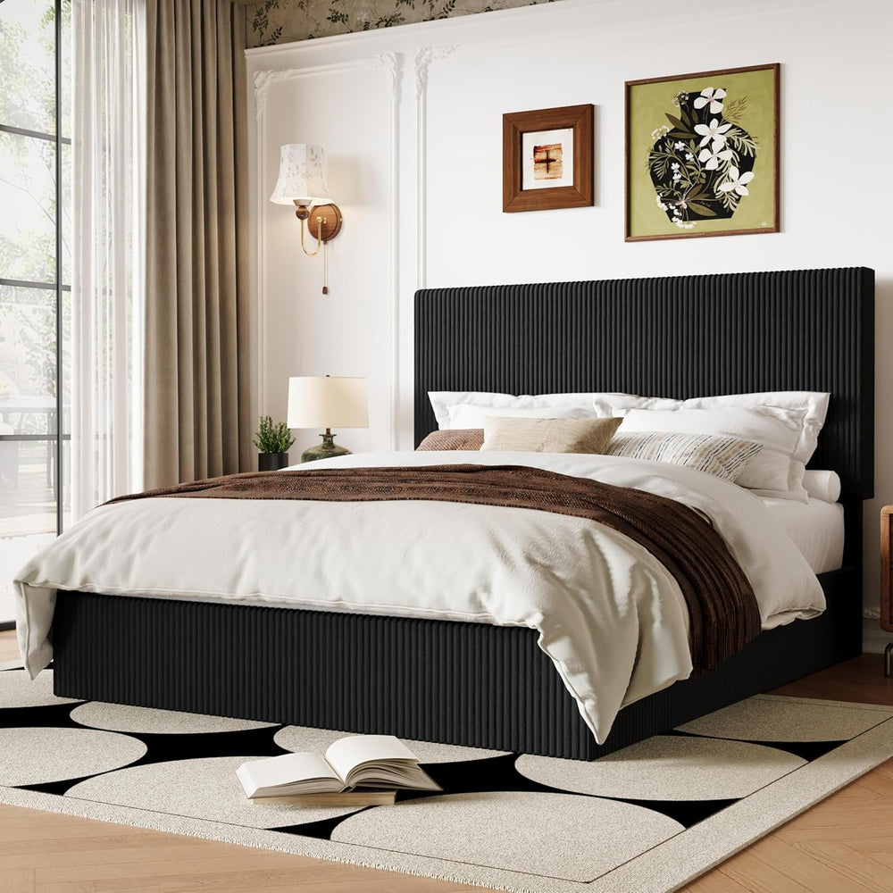 Allewie Queen Bed Frame, Adjustable Corduroy Headboard, Platform, Black