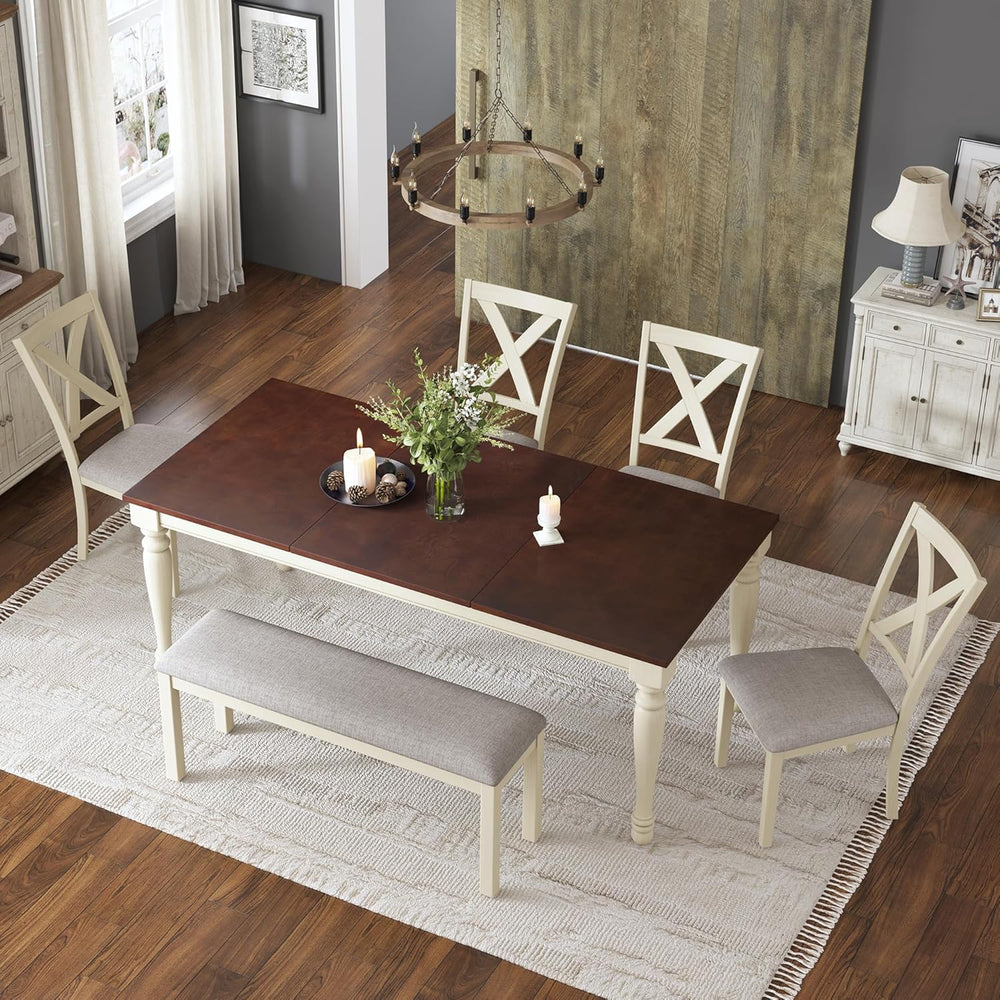 AMERLIFE 6-Piece Farmhouse Dining Table Set for 6-7, 71" Solid Wood Kitc...