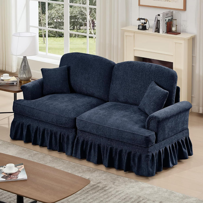 Aoowow 76” Modular Sectional Sofa, Mid Century Chenille Loveseat Couches, Comfy 2-Seat Sofa Couch with Flared Arms and Removable Ruffles Pleats Skirts for Living Room, Blue