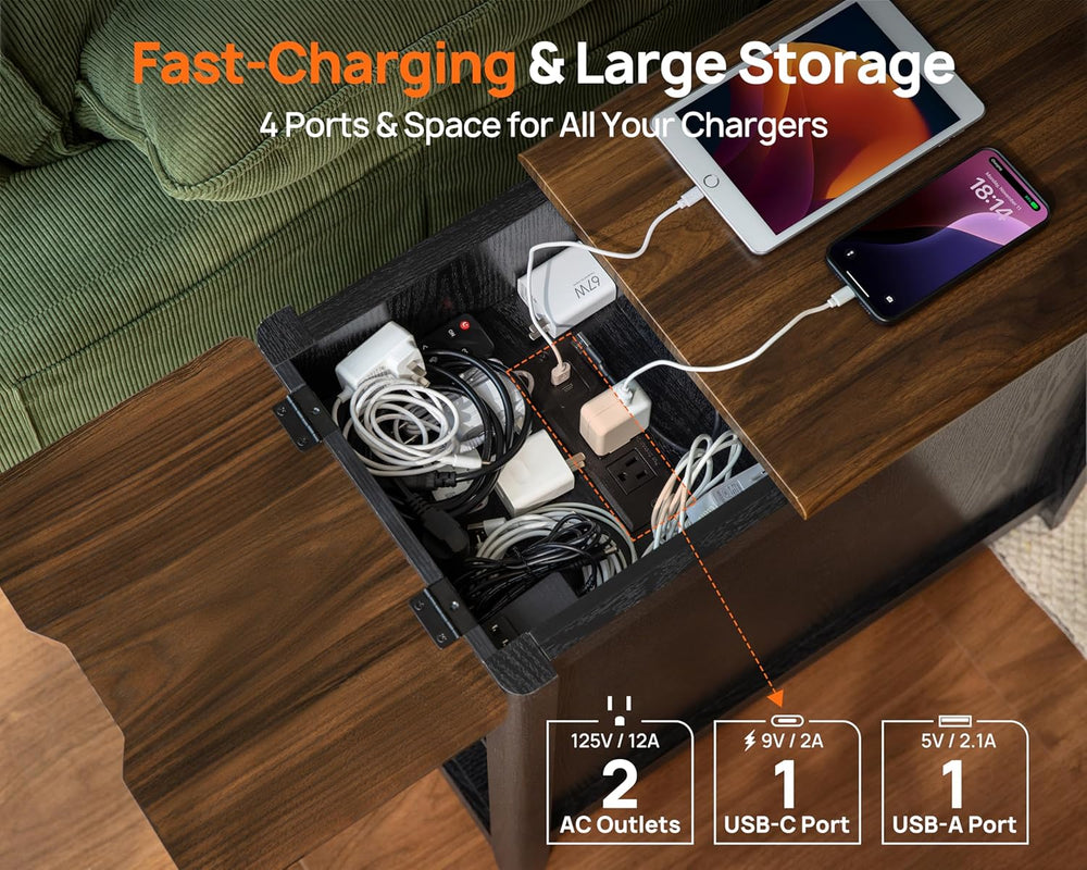 Farmhouse End Table with Charging Station, USB-C, Narrow Side Table with Stor...