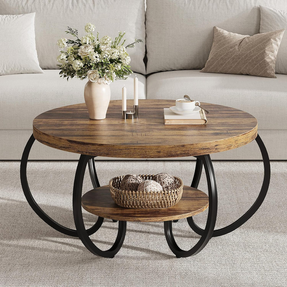 GarveeHome Round Coffee Table 30 in Center Table, 2-Tier Coffee Table Industr...