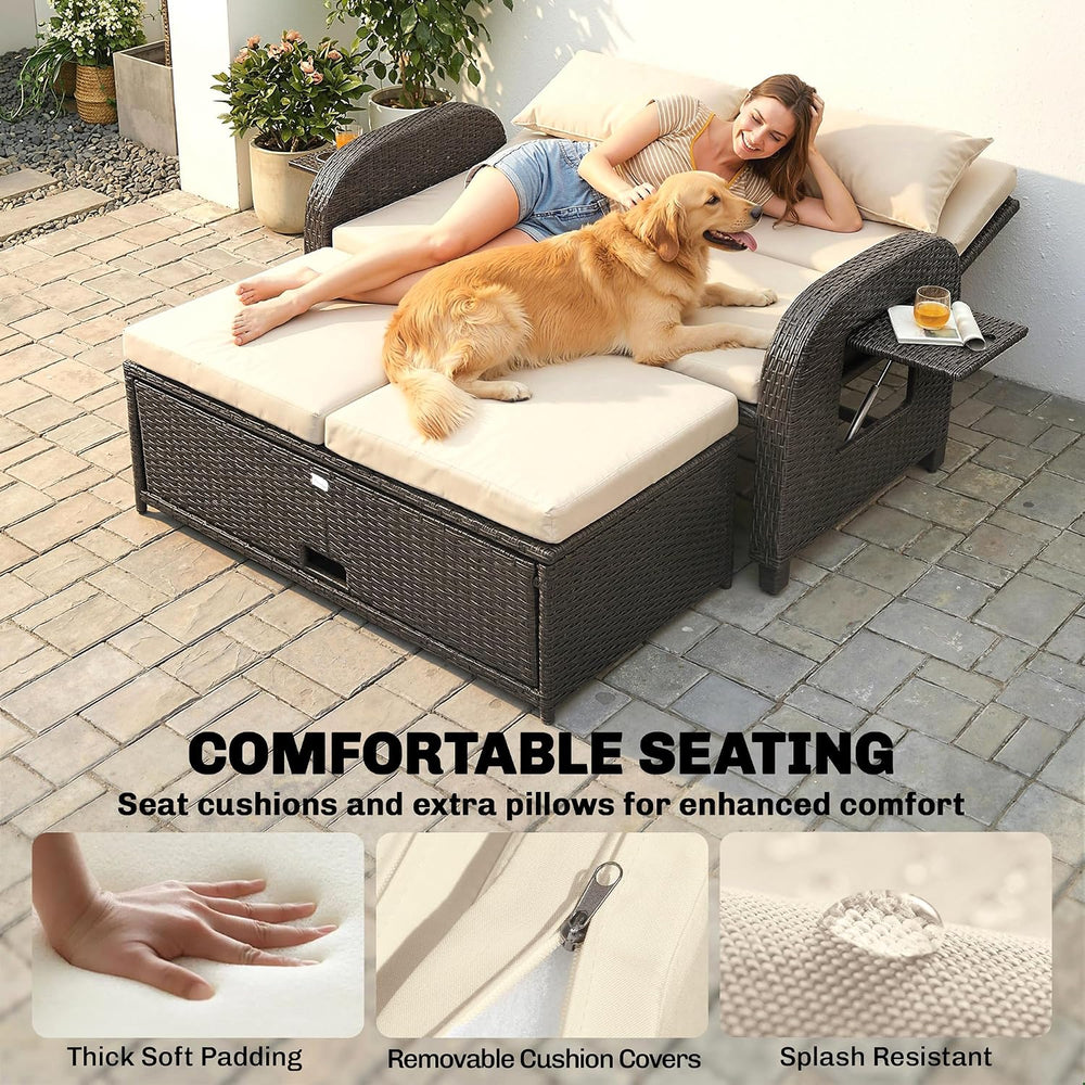 Outsunny Patio Rattan Daybed, Wicker Outdoor Daybed with Storage Ottoman, Lov...