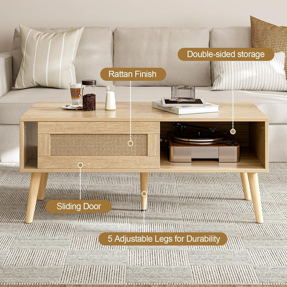 Rattan Coffee Table with Sliding Doors, Mid-Century, Natural