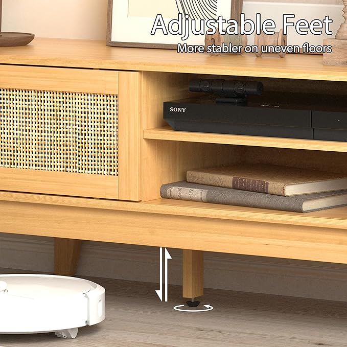 Boho TV Stand for 55 65 Inch TV, Rattan Entertainment Center with Shelves, Ca...