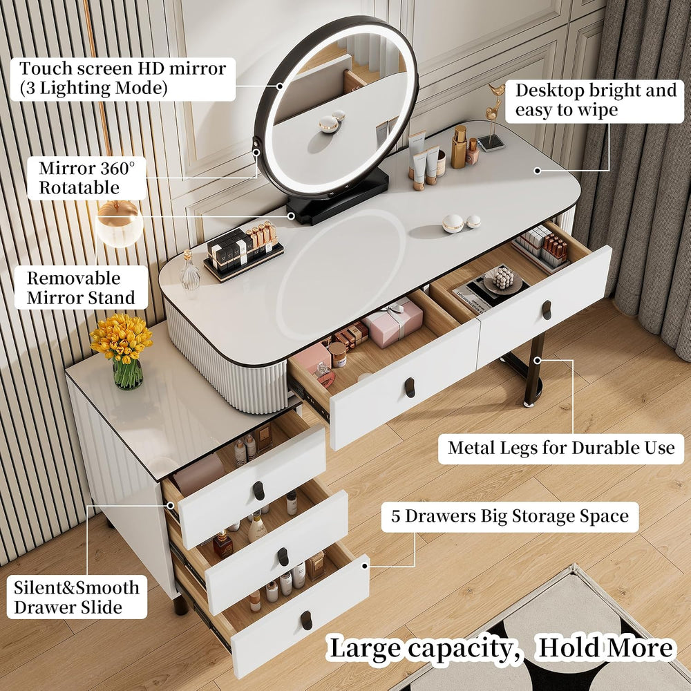 KDCAS Small Makeup Vanity Desk with Mirror and LED Lights | Modern Fluted Van...