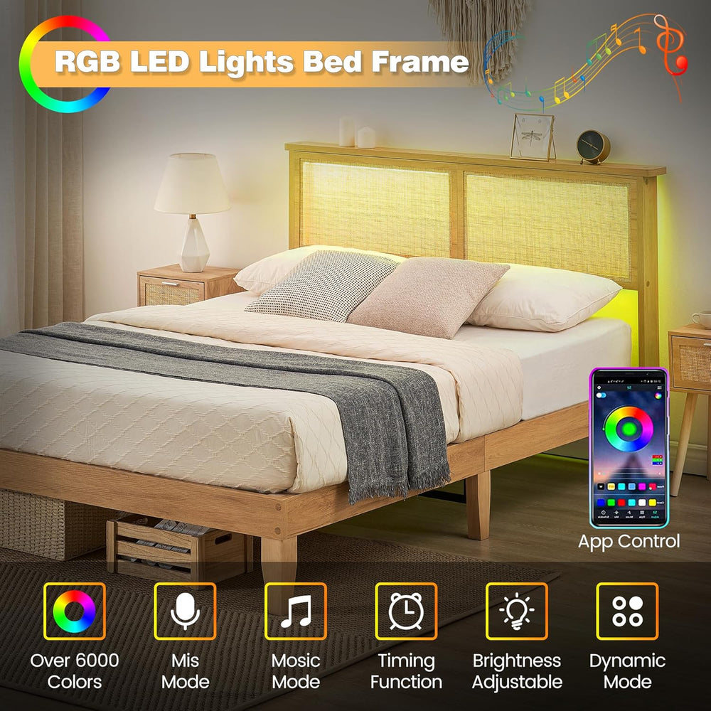 Rattan Bed Frame Full Size with Natural Rattan Headboard & LED Lights