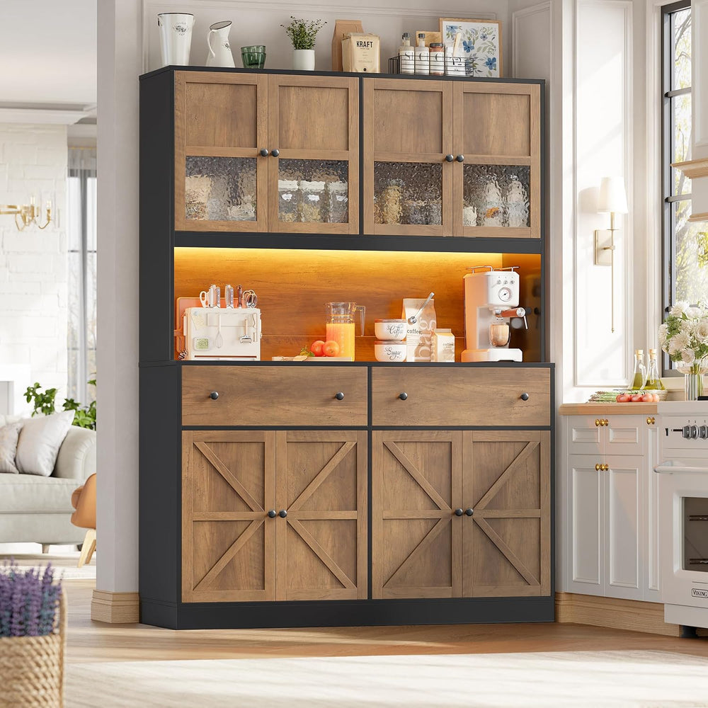 FINETONES 71" Pantry Cabinet with LED Light and Charging Station | Farmh...