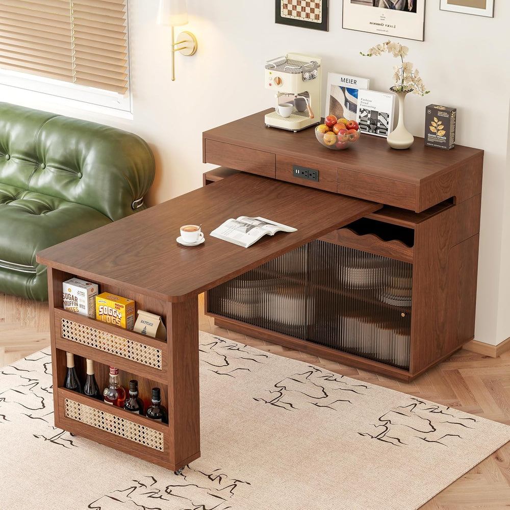 47" Expandable Mobile Kitchen Island with Power Outlet, 180° Sliding Tab...