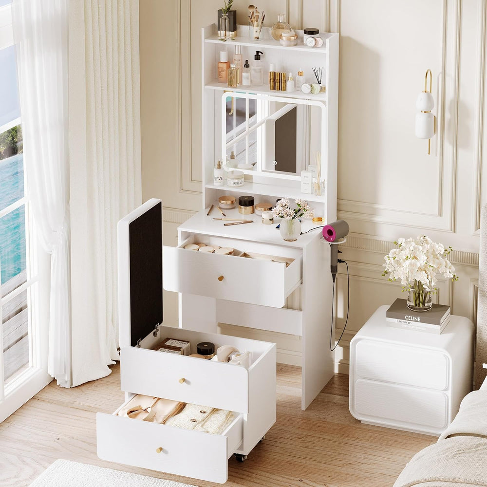 Fameill Women White Vanity Desk,23.6” Small Vanity Desk with Mirror and Light...