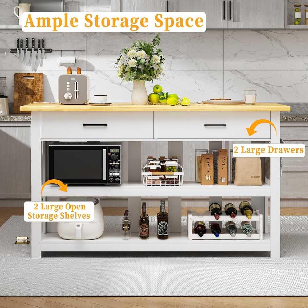 DynJest 47.3" Solid Rubberwood Kitchen Island with Power Outlets, White ...