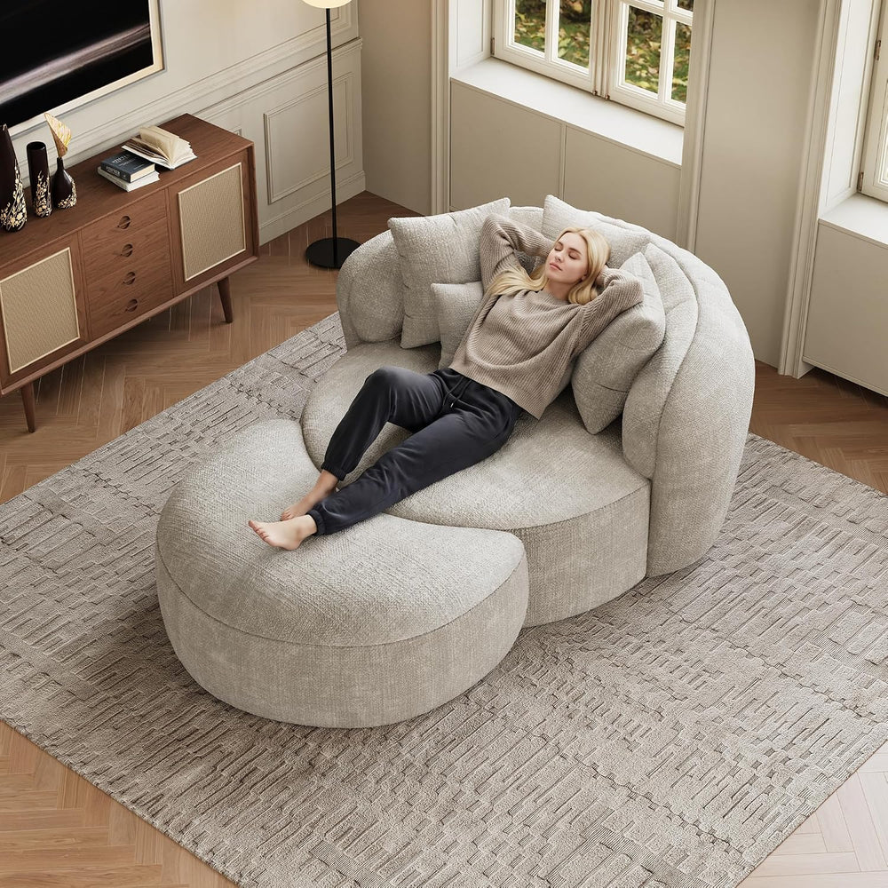 53.5" Oversized Round Chaise Lounge with Ottoman, Chenille, Beige White ...