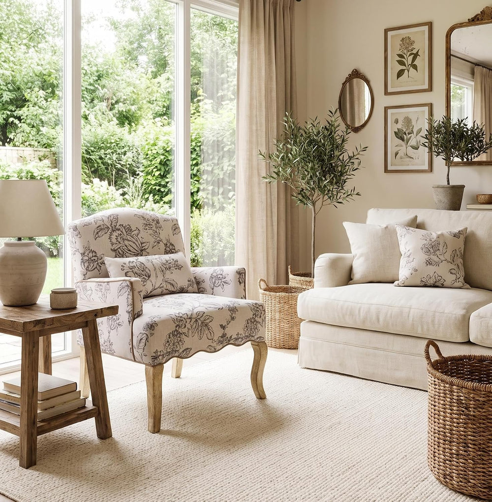 Shunzhi Floral Accent Chairs Farmhouse Upholstered Armchair Linen Reading Cha...