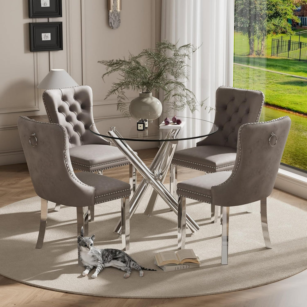 Modern Silver Round Glass Dining Table Set for 4, 36'' Luxury Minimal...