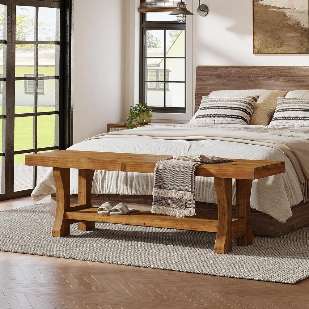 Solid Wood Entryway Bench, 55" End of Bed Bench, Long Indoor Dining Seat...