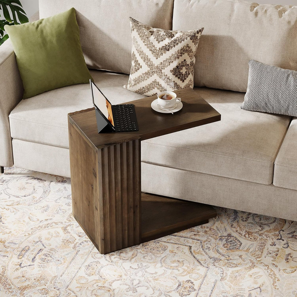 Solid Wood Side Table, C Shaped Narrow Sofa End Table with Fluted Panels and ...